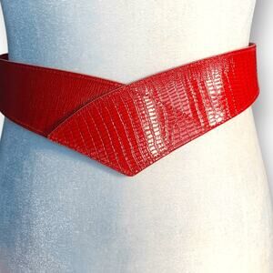 Vintage Cherry Red Faux Lizard Leather Belt Wide Waist Cinch Statement Accessory